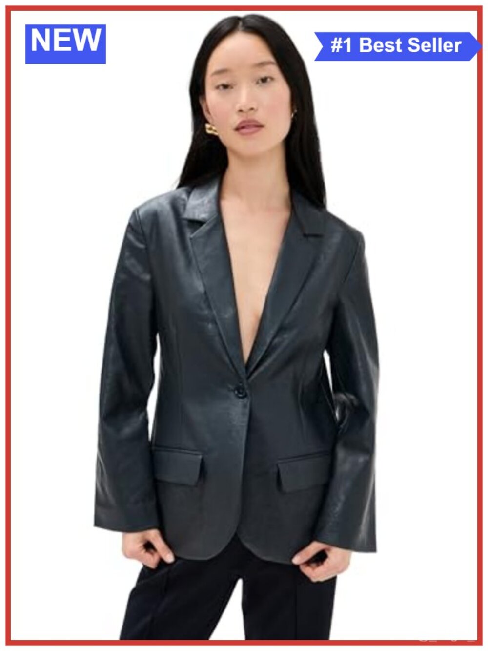 Faux Leather Blazer Relaxed Fit Notched Lapel Faux Leather